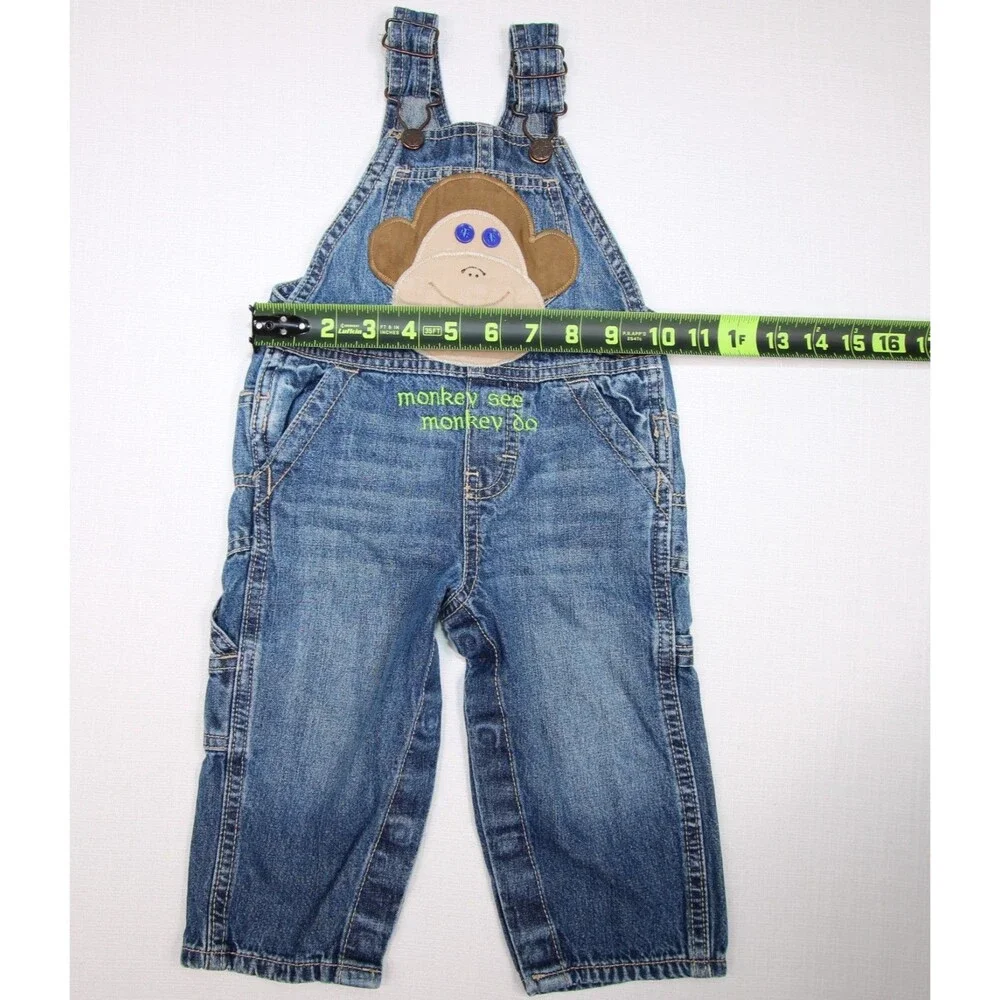 OshKosh B'Gosh Baby Boy Size 12 Months Monkey See Monkey Do Blue Denim Overalls